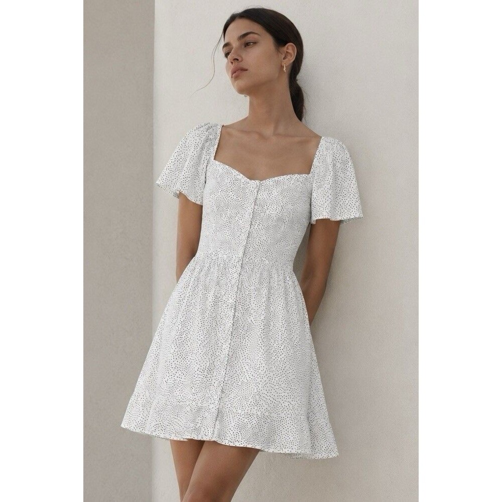 Sienna Sky White Black Polka Dot Mini Dress Puff Sleeve Button Front Size M